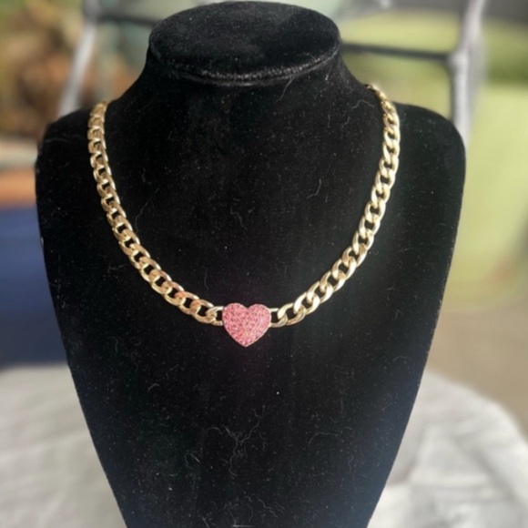 Two (2)) gold tone chunky chain heart necklaces. One sparkly white, one pink EUC - Picture 1 of 8